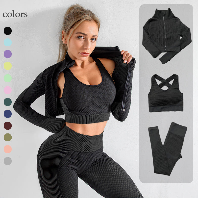 2/3PCS Seamless Women Yoga Set Long Sleeve Crop Top High Waist Leggings Sports Suit