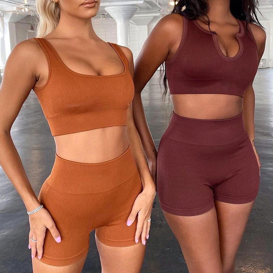 Women's Sexy Ribbed Sports Suits V Collar Crop Tops High Waist Shorts Fitness Suits Summer Set Gym Wear